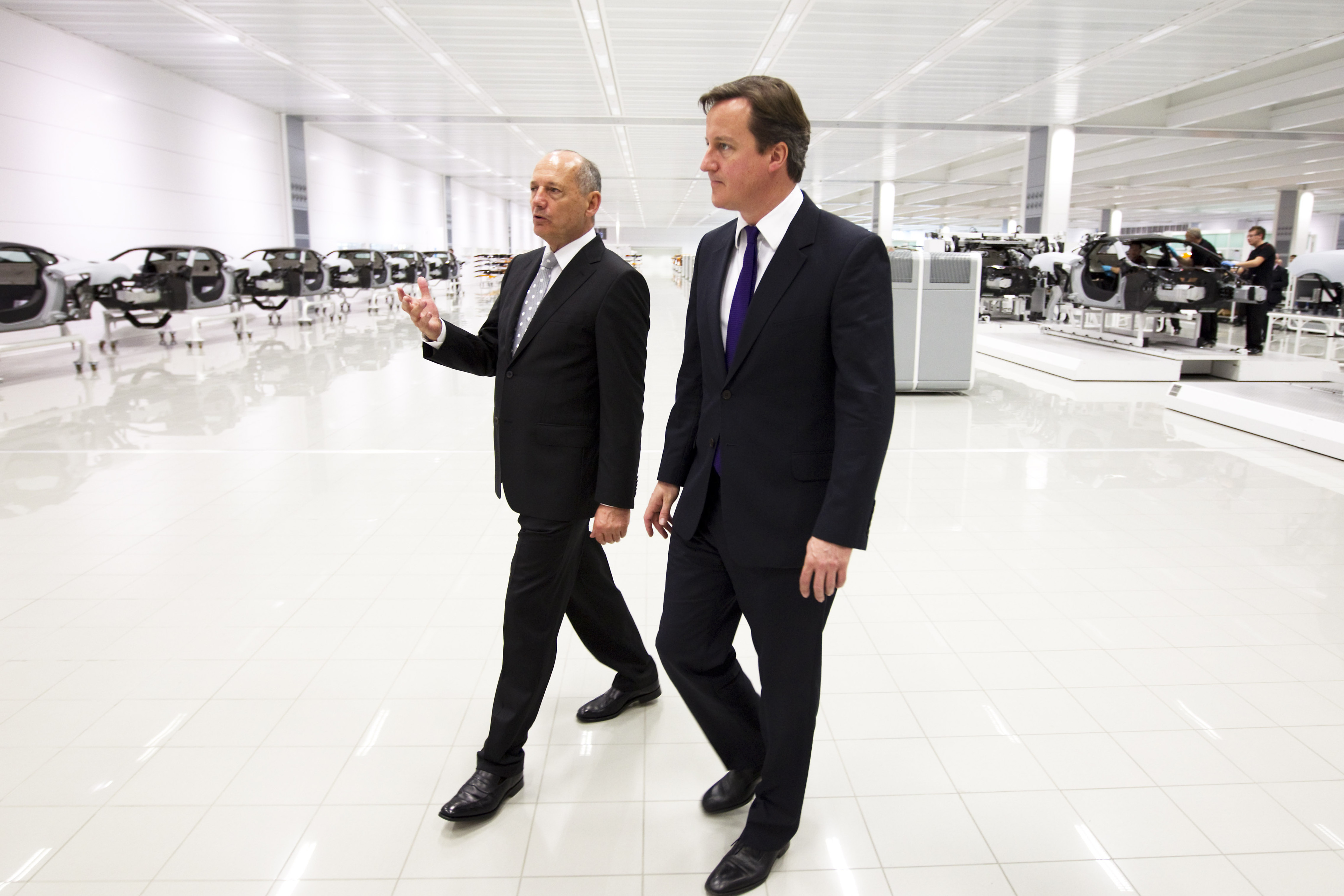 Ron Dennis with david Cameron at McLaren Automotive headquarters