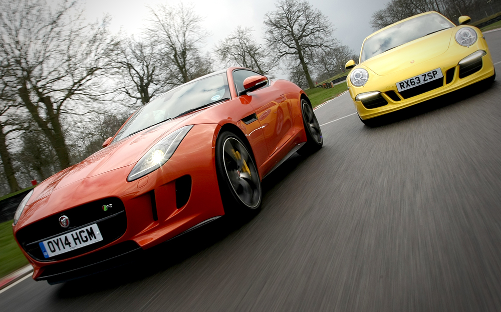 2014 Jaguar F-type Coupe R versus Porsche 911 Carrera S track test