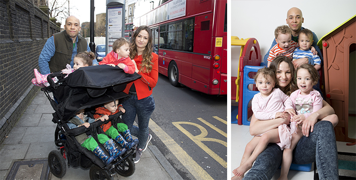 Misty Carpenter and fiance Ashley Hurd try to get on a bus with four babies