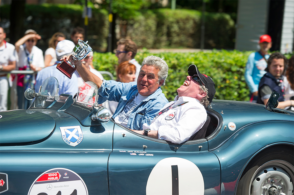 Jay Leno in his Jaguar