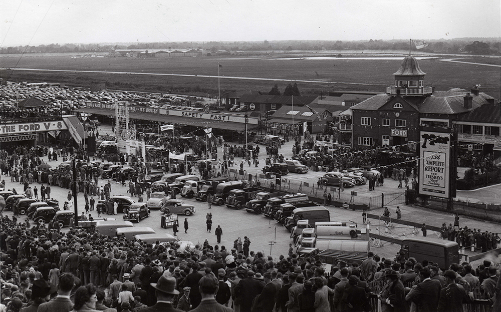 Brooklands finishing straight and paddock at the Ford gymkhana in 1939