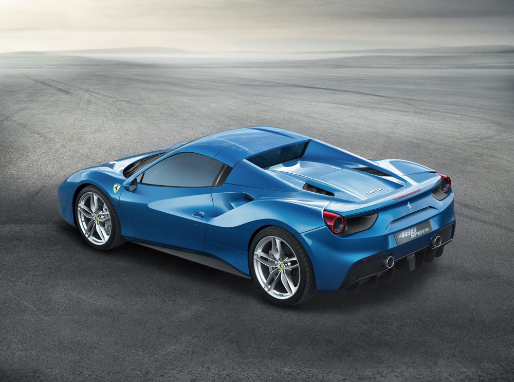 Ferrari 488 Spider rear view with hood up