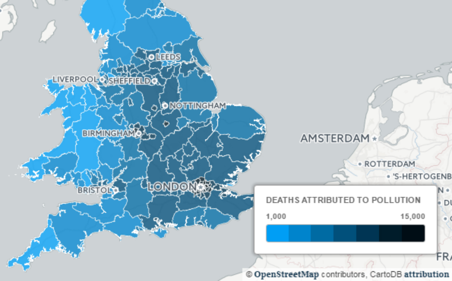 Map of the UK showing deaths attributed to air pollution