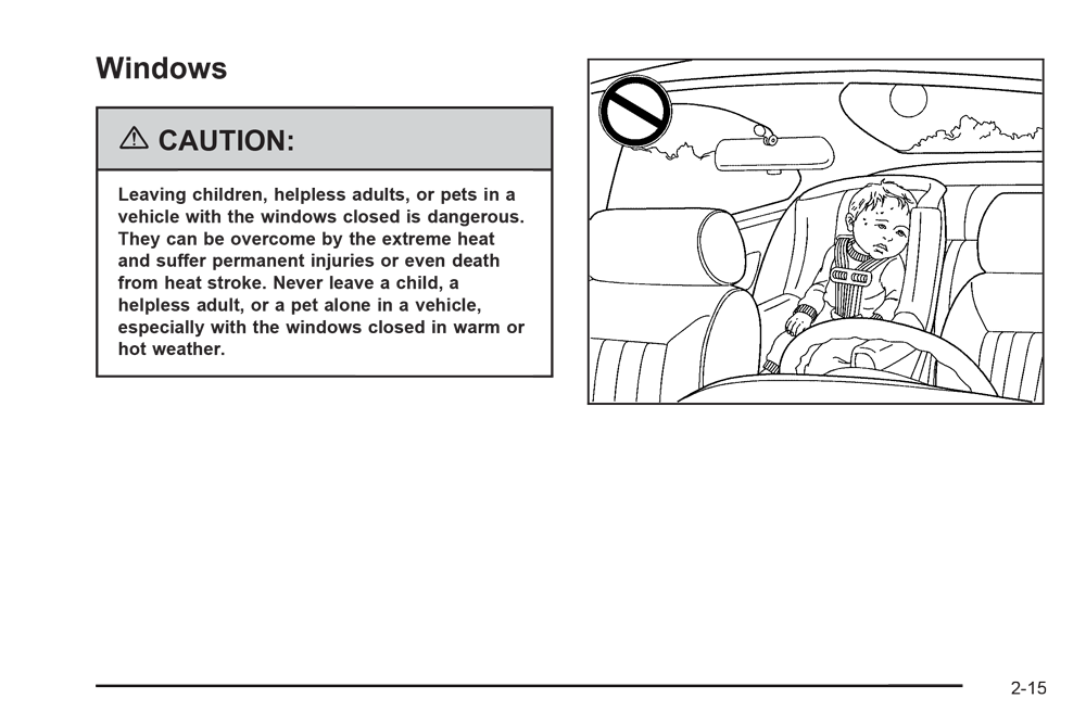 Another page from the 2006 Cadillac XLR's manual, warning not to leave children, helpless adults and pets in a vehicle with the windows closed.