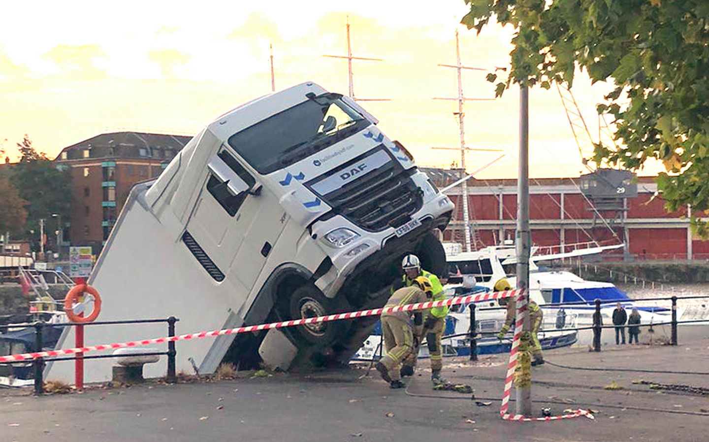 Lorry rolls into Bristol harbour during filming of TV series