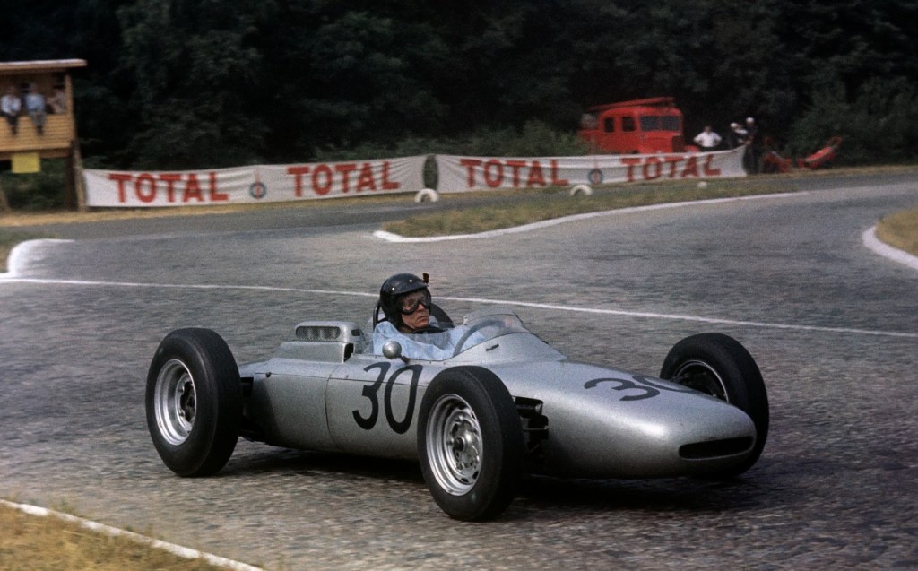 Dan Gurney on his way to winning the 1962 French Grand Prix in the Porsche 804 F1 car.