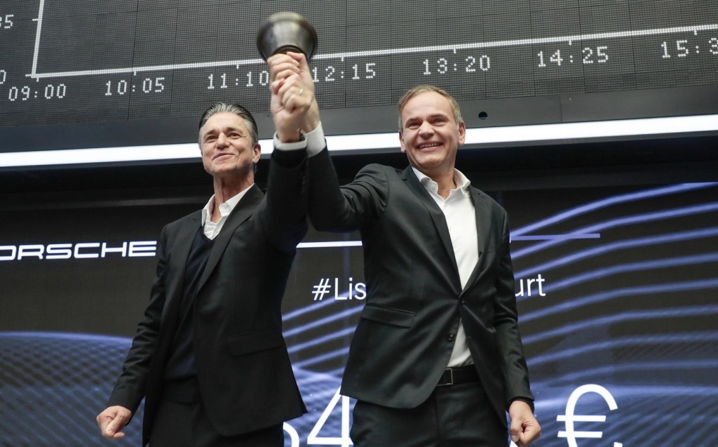 Lutz Meschke, Deputy Chairman of the Executive Board and Member of the Executive Board for Finance and IT at Porsche AG, Oliver Blume, Chairman of the Executive Board of Porsche AG, l-r, Frankfurt Stock Exchange, Frankfurt am Main, Germany, 2022