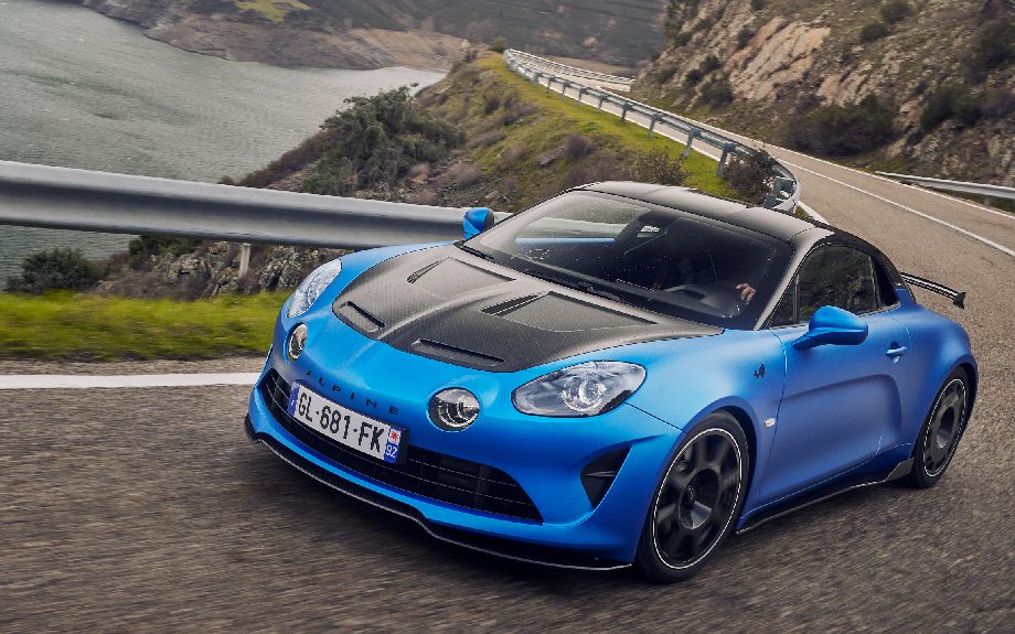 Alpine A110 R on the road, front three-quarters, action