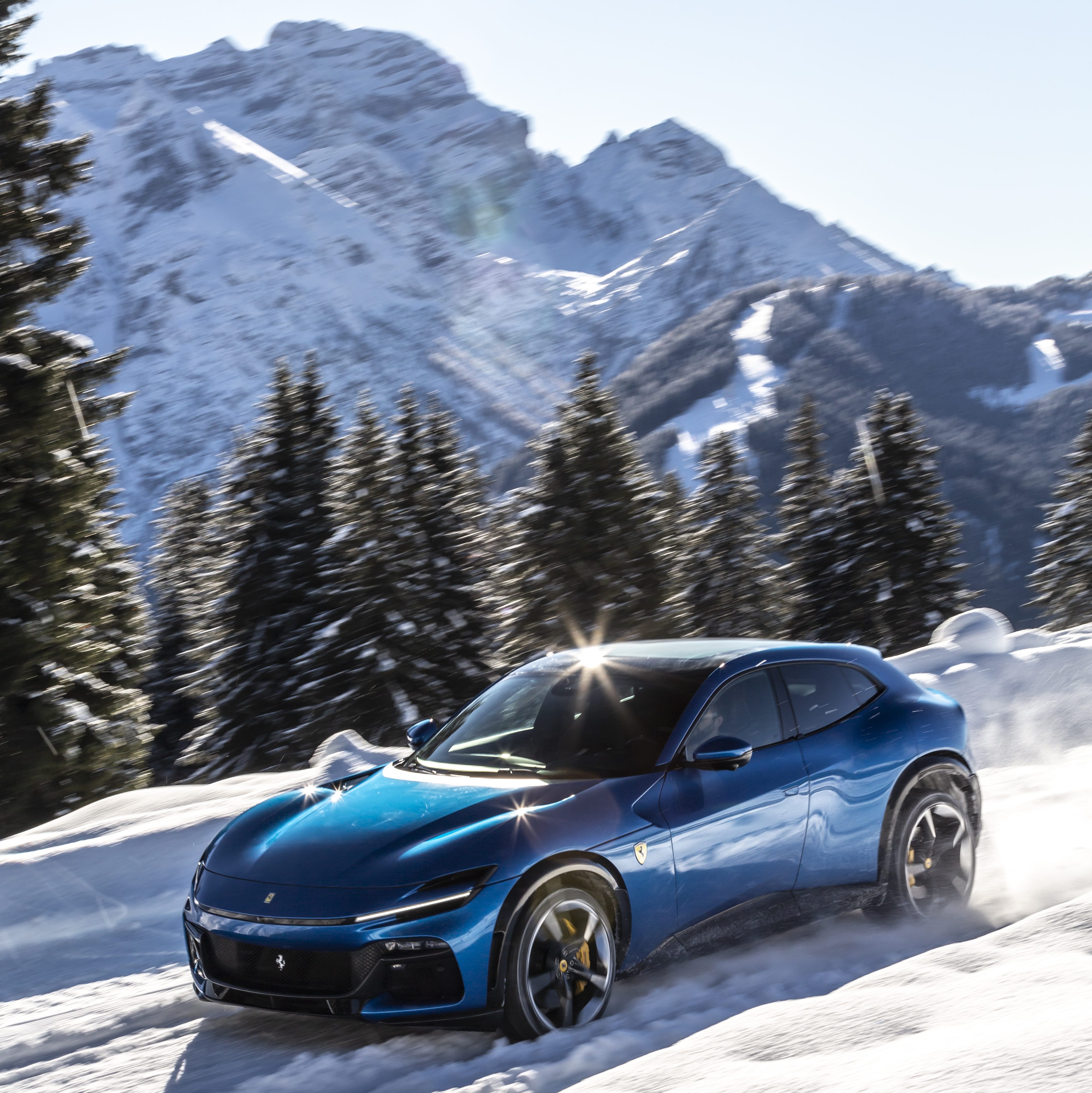 Ferrari Purosangue action shot on snow