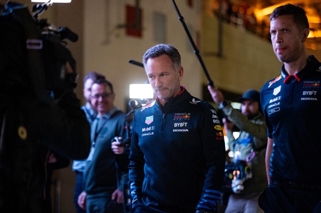 BAHRAIN, BAHRAIN - MARCH 1: Orcale Red Bull Racing team principal Christian Horner and Red Bull head of communications Paul Smith walk from the hospitality suite to the garage prior to qualifying ahead of the F1 Grand Prix of Bahrain at Bahrain International Circuit on March 1, 2024 in Bahrain, Bahrain. (Photo by Kym Illman/Getty Images)