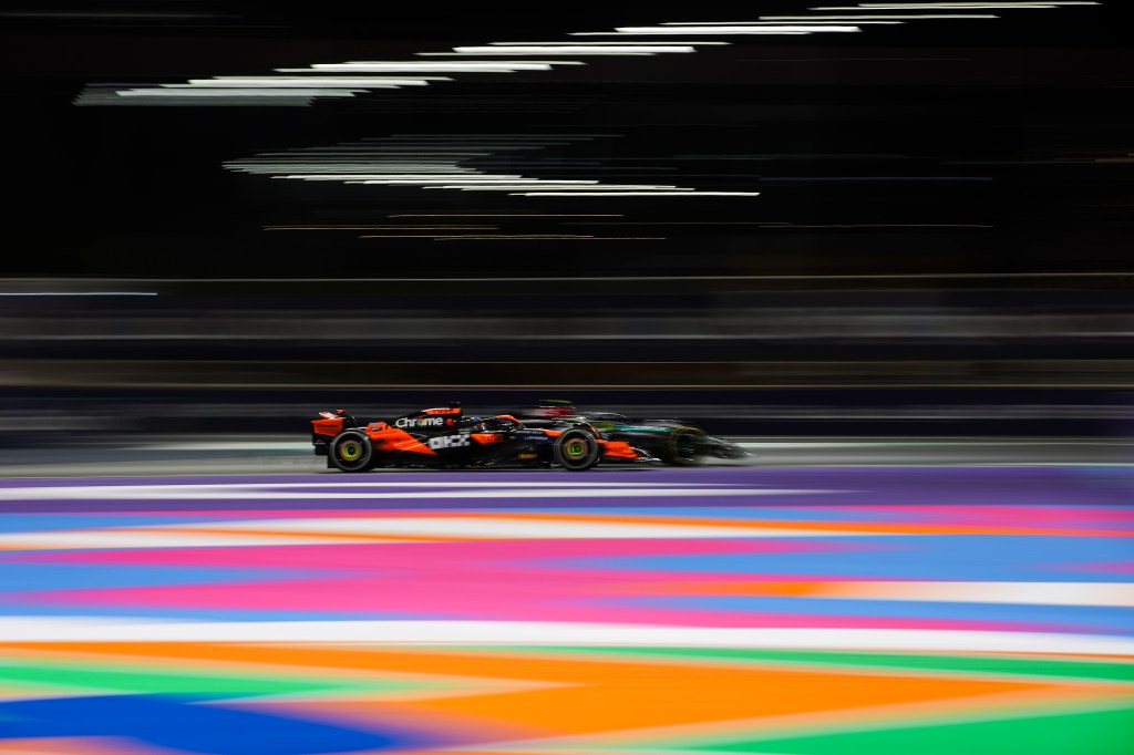 JEDDAH, SAUDI ARABIA - MARCH 09: Oscar Piastri of Australia driving the (81) McLaren F1 Team MCL38 on track and Lewis Hamilton of Great Britain driving the (44) Mercedes AMG Petronas F1 Team W15 on track during the F1 Grand Prix of Saudi Arabia at Jeddah Corniche Circuit on March 09, 2024 in Jeddah, Saudi Arabia. (Photo by Eric Alonso/Getty Images)