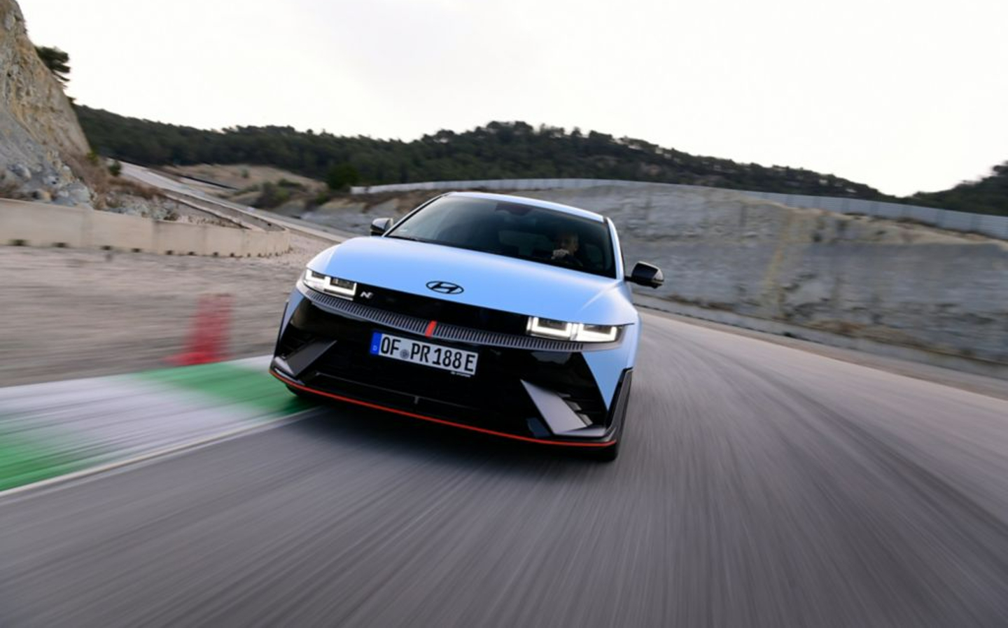 Hyundai Ioniq 5 N rear viewing on track cornering front view